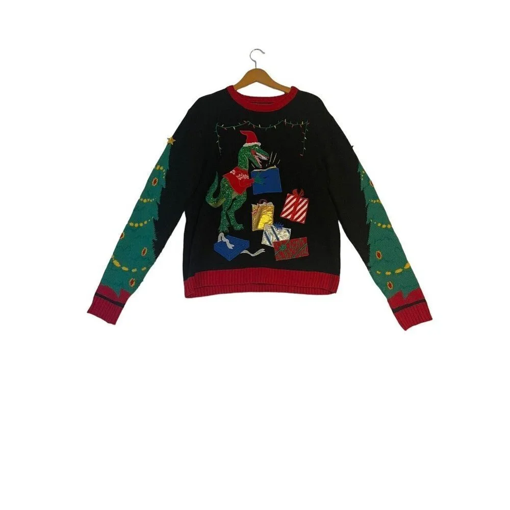 VELOCIRAPTOR Dino PRESENTS Ugly CHRISTMAS SWEATER Mens SIZE L Used